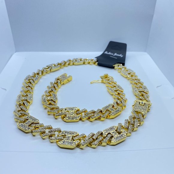 18K Plated Iced Out CZ Crystal Cuban Link Chain with Bracelet SET Gold - Picture 3 of 8